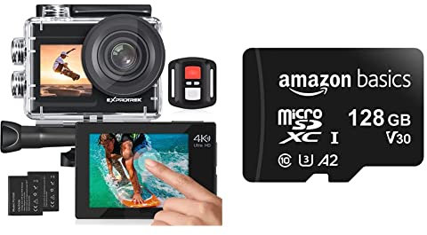 Exprotrek 4K-Action-Kamera mit Touchscreen, EIS Einstellbarer Blickwinkel & Amazon Basics - microSDXC-Speicherkarte, 128 GB, mit großem Adapter, A2, U3, lesegeschwindigkeit von bis zu 100 Mbit/s