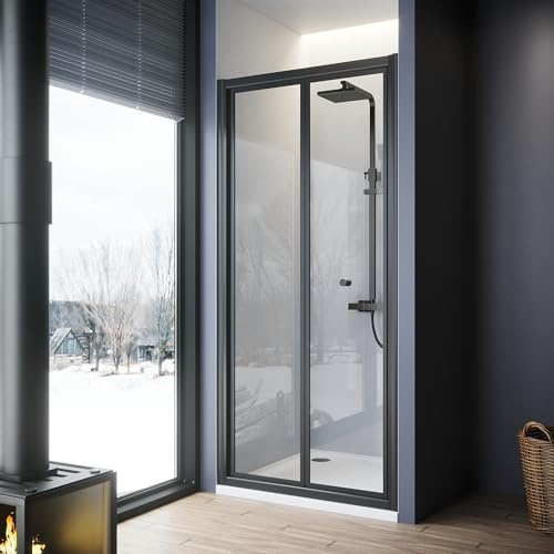 ELEGANT 700mm Black Bi Fold Shower Enclosure Inwards Opening, Space Saving Shower Door