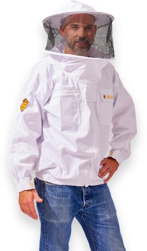 Sting Stopper Adult Beekeeping Jacket with Round Veil and Hat for Protection from Honey Bee Stings with Cotton Canvas, YKK Zippers and Pull Over Design, with Removable Hat for Men and Woman, Large