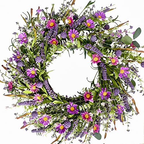 Bibelot 22 Inch Purple Flower Wreath - Spring/Summer Artificial Wildflowers & Green Leaves for Front Door, Indoor/Outdoor