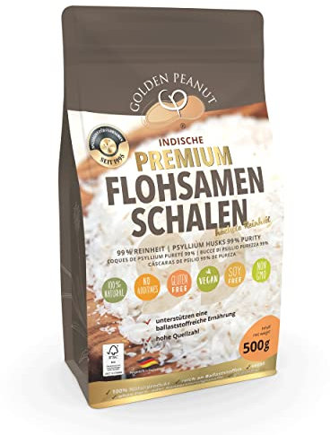 GOLDEN PEANUT Flohsamenschalen 500 g - 99% Reinheit, Indien, Naturprodukt, höchste Quellzahl, ballaststoffreich, vegan