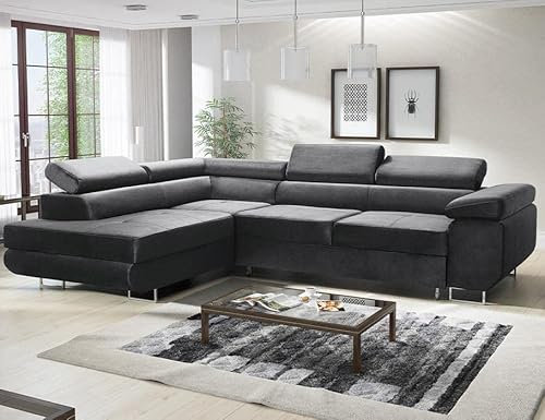 ML Furniture Ltd Avatar Velvet Ecksofa in L-Form 277 x 73 x 203 cm mit Schlaffunktion und Bettzeugbehälter - Schlafsofa mit Bettkasten - Eckcouch mit Stauraum - Links - Farbe: Monolith Graphit (MO97)
