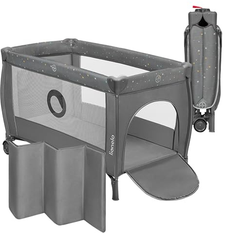 LIONELO Stefi Plus 2-i-1 Resesäng & Spjälsäng för Baby (0–36 mån/upp till 15 kg), Två Madrassnivåer, Mjuk Madrass, Transportväska, Bambu Swaddle, Sidoingång, Ventilerande Nätväggar, Hjul, Grå