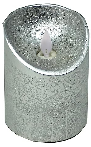CBK-MS LED Echtwachskerze Silber Rustik D7,5cm / H10cm mit Wackelflamme Batteriebetrieben Timerfunktion Weihnachtsdeko