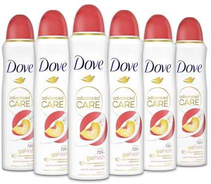 Dove Deospray Advanced Care Go Fresh Pfirsich, mit feuchtigkeitsspendender und hautfreundlicher Formel, ohne Alkohol, trockene Haut bis zu 72 Stunden, Deodorant für Damen und Herren, 6 Stück à 150 ml