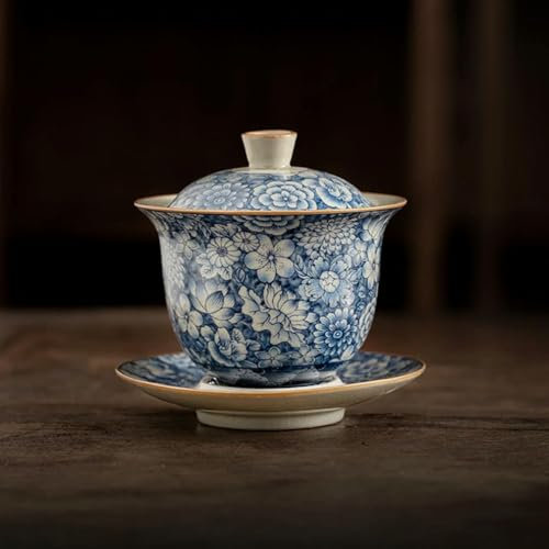 SELCOA Gaiwan con Apertura in Ceramica con Fiori antichi per tè, zuppiera Blu, Set di stoviglie, Ciotola da tè Cinese, Tazza da tè Chawan Lily