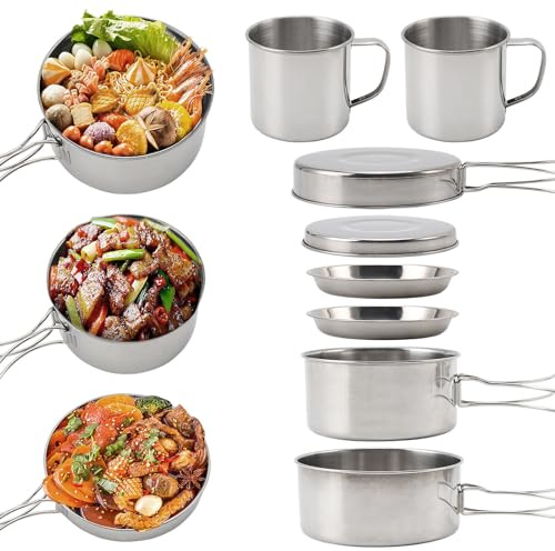 Felenny 8-teiliges Camping-Kochgeschirr-Set, Edelstahl, Töpfe, Pfannen, Teller-Set für Wandern, Picknick