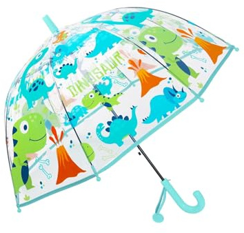 Rhomba Parapluie à bulles transparent pour enfants - Léger et mignon - 8 nervures en fibre - Dôme mignon - Parfait pour la marche des enfants, Dinosaure bleu, S