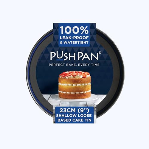 PushPan 9 Inch Shallow Cake Tins | Patented Silicone Seal | Leak-Proof & Watertight Round Baking Tins | Non-Stick Low Carbon Steel | 23cm Cake Tins | Dishwasher, Oven & Freezer Safe