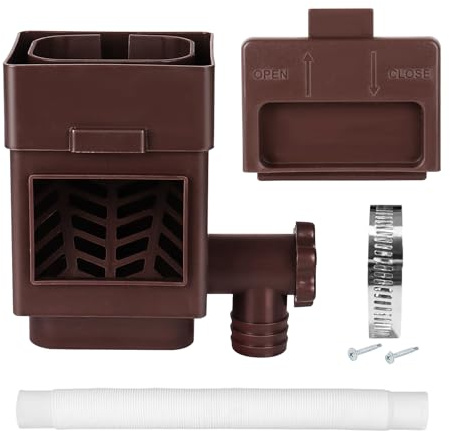 Regensammler Regenwassersammler für 2x3 oder 3x4 Zoll Standard-Fallrohre, Wassersammler für Regentonnen, Fallrohrumlenker mit Verstellbarem Ventil und Filter, 5ft Schlauch(Braun A)