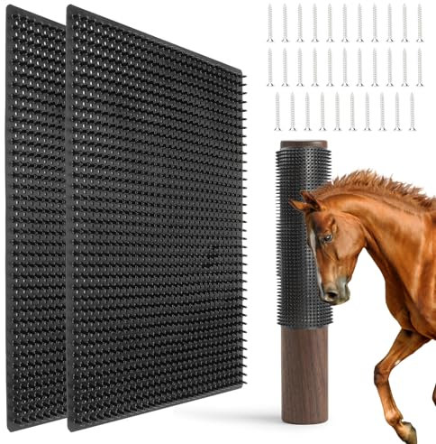 Perttypet Kratzmatte für Pferde 2 Stück, kratzbürste Pferd mit 32 Heringen für Säulen- oder Wandmontage，Fellpflege- und Kratzmatten für Rinder, Ziegen, Schafe，Kuhbürste im Stall （schwarz, 30 x36 cm