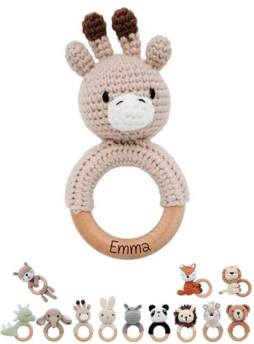 wunderwunsch® - Personalisierter Beißring Baby - Niedlicher Greifling für Baby's ab 0 Monate - Babyrassel mit Name als Baby Geschenk für Mädchen und Jungen (Giraffe,mit Name)