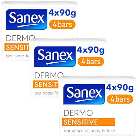 Dermo Sensitive Soap Bar Bundle - with 12 x 90g Sanex Hypoallergenic Soap Bars for Sensitive Skin - Hand Wash Face & Body Soap Bar - Skin Friendly Soap Alternative to Shower Gel