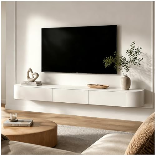 Entertainment-Center Aus Massivholz Mit Großem Stauraum Und Regalen Wandmontierter TV-Aufbewahrungsschrank Mit Tür Modernes Schwebendes TV-Möbel Mit Schublade Schlanker TV-Schrank(Weiß,160cm)