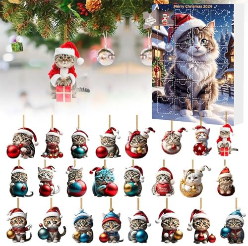 2D Acryl Weihnachtsbaum Katzen Anhänger Adventskalender 2024 Weihnachtskatze Hängende Deko 24-Tage-Weihnachts-Countdown-Kalender Katzen-Hängeanhänger Weihnachtsbaumschmuck für Katzenliebhaber