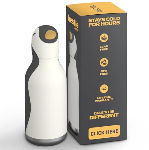 ASOBU Bestie Kindertrinkflasche mit Strohhalm – Isolierte Edelstahlflasche 420ml mit Pinguinkopf – Auslaufsicher & BPA-frei