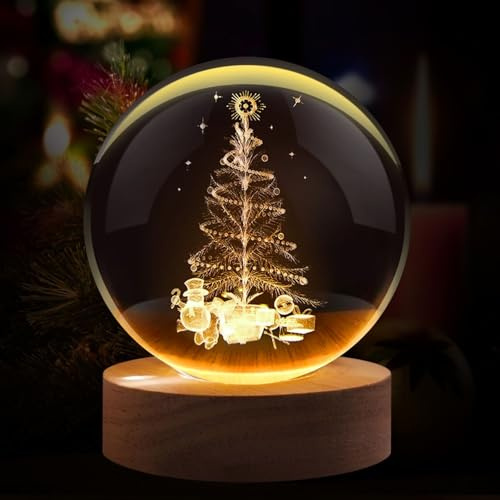 Flexzion 3D Christmas Tree Crystal Ball Night Light - LED Light Hologram Glass Lamp w/Solid Wood Base, USB Powered Crystal Ball Lamp w/Adjustable Brightness for Home Decor Display Gift, 3.15/80mm | Christmas Tree Lamp with Solid Beech Wood Base and Adjustable Brightness for Bedrooms, Nightstands, Desks, Shelves, Decor
