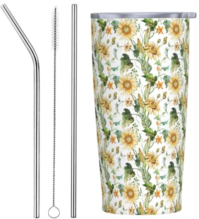 VOSERY Botella de agua de 20 onzas con tapa y popote, girasoles brillantes, vaso aislado de acero inoxidable, taza de café de viaje, vaso personalizado