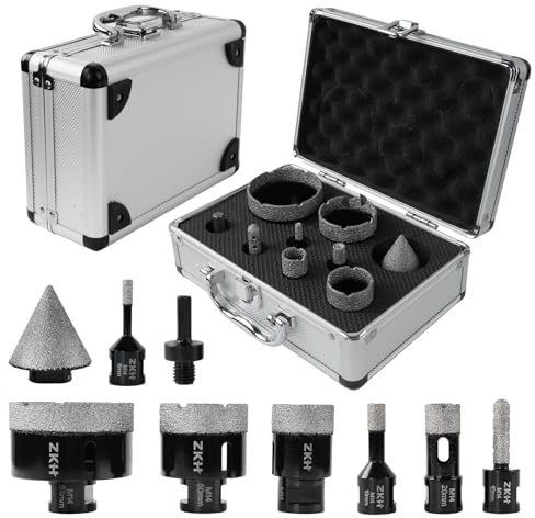 ZKH Forets Diamant Boîte 9PCS, Trépan Diamant 6/10/20/35/50/68mm, Largeur de Grain 15mm, Adaptateur HEX, 10mm Fraise Doigt Diamanté,50mm Mèche à Chanfreiner Diamantée avec Filetage M14, Granit, Pierre