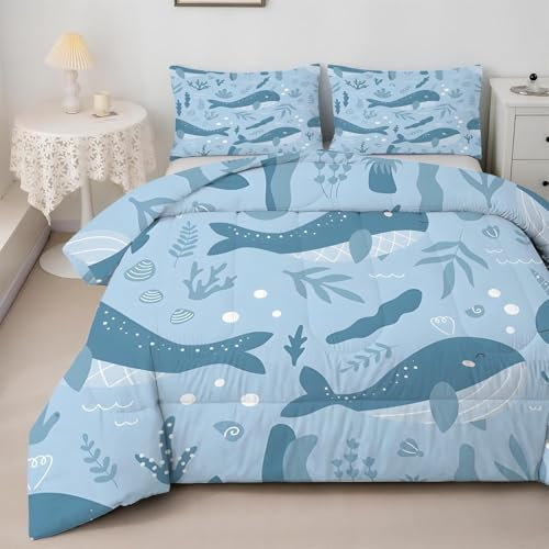 Bettdecke 200x220 Ohne Bezug Nutzbar, Fisch Wal Wasser Gras Bettdecken Waschbar Ganzjahresdecke Kinder 4 Jahreszeiten Steppdecke, Bettzeug Microfaser mit 2 Kissenbezug für Sommer Winter Doppelbett
