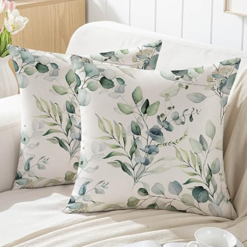Jayusaror Fundas Cojines Primavera de 40 x 40 Decorativo Funda de Cojíns Diseño de Hojas de Eucalipto Verde Modernas Exterior Fundas de Almohada, Juego de 2