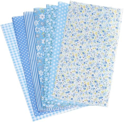 PATIKIL Cotton Fabric Bundles, 7 Pcs 10 x 10 Inch Pure Cotton Fat Quarter Floral Printed Precut Fabric Squares for Sewing Patchwork Quilting DIY Crafts, Blue