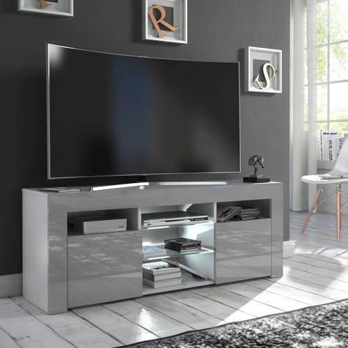 Furneo Grey TV Stand – 120 cm Cabinet Unit in Matt and High Gloss Finish with White LED Lighting