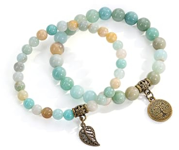 Jovivi Vintage Bracciali Impilabili con Perline in Pietre e Cristalli per Donna Ragazza Bracciali Elastici Perline Pietre Naturali Ciondolo Albero della Vita Foglia Retro Chakra Bracciali Amazzonite