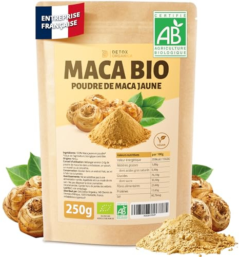 DETOX ORGANICA Maca Bio - 250g Poudre de Maca Jaune Bio - 100% Nature et Vegan - Racine du Pérou riche en Vitamines et Minéraux - Fertilité et Boost d'Energie - Qualité Premium