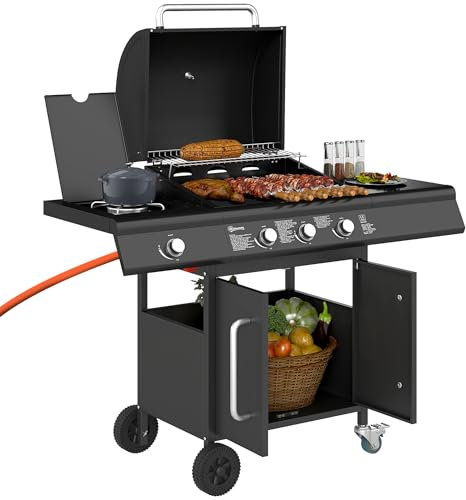 Outsunny Gasgrill 12,2 KW 3+1 Brenner BBQ Grillwagen aus Edelstahl inkl Rolle Seitenbrenner Thermometer Grillrost Kochfeld Seitentisch Gas-Grill für Balkon Camping 118,5 x 56 x 110 cm