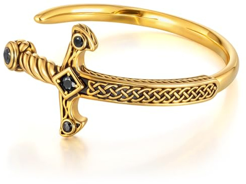 FLHEART Stainless Steel Mens Cuff Bracelet, Cool Sword Silver/Black/gold plated Viking Celtic Knot Cubic Zirconia Open Metal Cuff Bangle Bracelets Jewelry Gifts for Men, 62MM