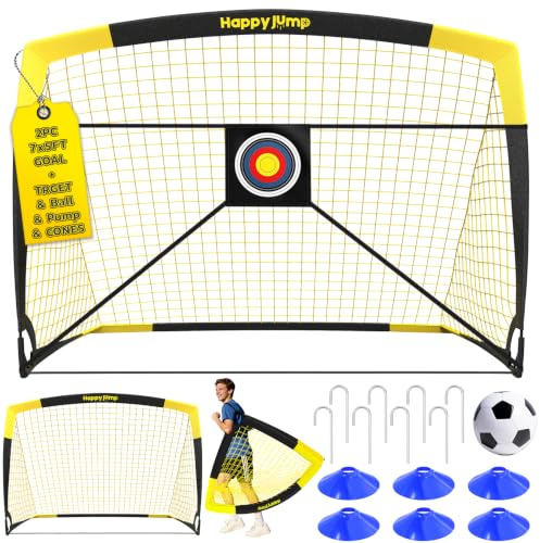 Happy Jump Pop-Up Fußballtor – Faltbar für Kinder & Erwachsene | 1 oder 2 Tore: 120x90 / 152x110 / 213x152 cm | Optional mit Ball, Pumpe, Hütchen & Zielscheibe | Für Garten & Geschenk