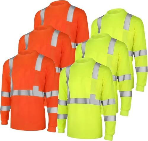 6 Pack Hi-Vis Long Sleeve T-Shirt, Work Utility & Safety Clothing, High Viz, Work Tops, Clothing PPE Workwear, Birds Eye Polyester, Breathable, Class 3 Certified