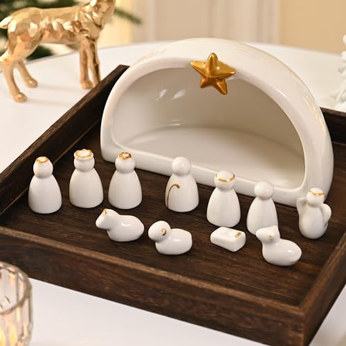 FESTGLOX Small Ceramic Nativity Set for Kids, 12Pcs White Mini Nativity Figurines with Créche, Christmas Holy Family Miniature Scene for Modern Farmhouse Decor