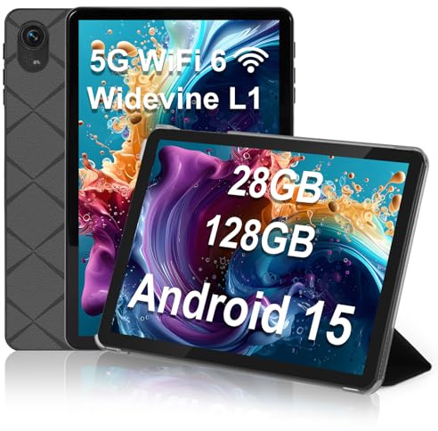 Tablettte 10 Pouces, Tabeltte Android 15 avec 28Go RAM+128Go ROM(TF Extensible 1To), Octa Core, Widevine L1, WiFi 6, Bluetooth 5.0, 6000mAh, GMS Certified, 5MP+13MP, Face ID, Tablettes avec Cas -Noir
