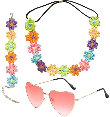 SSKHE 3 Stück Hippie Kostüm Set 60er 70er Jahre Hippie Kostüm Zubehör Halskette Gänseblümchen Sonnenblumen Stirnband Damen Hippie Accessoires Verkleidung Hippie Party Zubehör