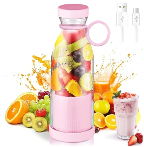 Portable Blender, Upgraded Fresh Juice Blender Bottles Portable, 420ml Cordless Personal Blenderes for Shakes and Smoothies with 6 Blades, USB Rechargeable (Pink)