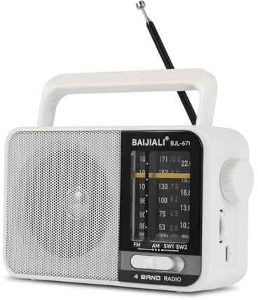 Portable Battery Radio - Retro AM/FM/SW Transistor Radio with 5W Speaker | USB-C & Battery Powered for Emergency, Camping & Home | Rechargeable | Easy to Use - BJL-671 (White)