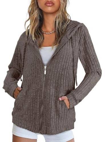 Flikity Damkoftor dragkedja damhuvtröjor med stora fickor långärmad tunika toppar damer lätta jackor vardagliga arbetskläder M-XXL, Brun, XL