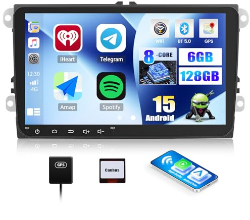 CAMECHO 6G+128G 8 Core Android 15 Autoradio para VW Golf 5 Polo Caddy Skoda con Navi Carplay Android Auto Wireless, Doppel DIN Radio con 9 Touchscreen,Mirror Link RDS/FM Bluetooth 5.0+DSP