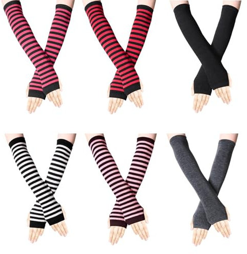 TPTGIAR Damen Lange Fingerlose Handschuhe: 6 Paare Gestreifte Lange Armstulpen Damen, Gestreift Armwärmer Fingerlose Handschuhe Stricken Armwärmer für Herbst und Winter