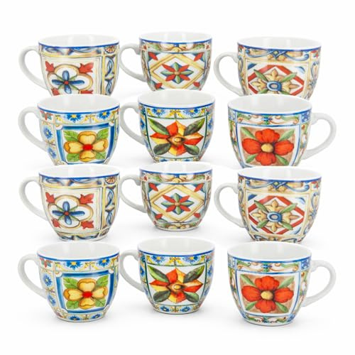 Set 6/12 Tazzine da Caffè Terra e Sole - Motivi Assortiti, 90 cc, Ceramica, Ideali per Espresso, Disegno Originale, Artistico, Artigianale, Idea Regalo- 6 x 6,5h cm (12, Motivo Assortito, 6 x 6,5h cm)