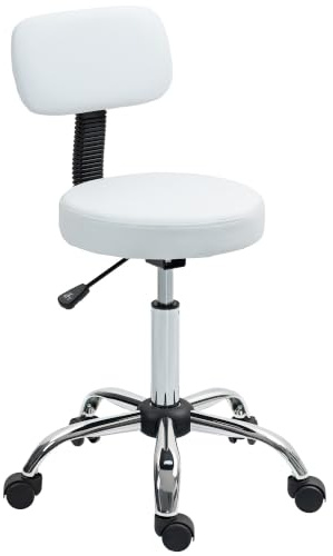 HOMCOM Taburete con Ruedas Giratorio con Respaldo Desmontable Blanco | Taburete de Trabajo, Altura Regulable, Tapizado en Cuero Sintético, para Oficina, Dormitorio