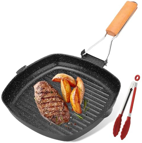 VEGOATY 28 × 28 cm Bistecchiera con manico pieghevole in legno, antiaderente rivestita in pietra, bistecca rettangolare con pinza in acciaio inox, per tutti i piani cottura, facile da pulire