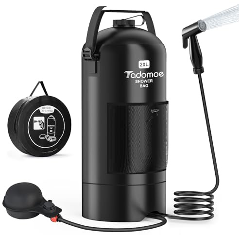 Tadomoe Campingdusche 20L mit Fußpumpe & 2m Schlauch - Faltbare Mobile Dusche inkl. Duschkopf & Aufbewahrungstasche - Outdoordusche für Camping, Vanlife, Strand, Hund & Garten