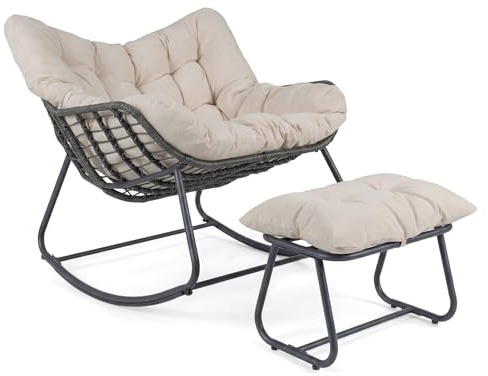 COSTWAY Schaukelstuhl mit Hocker, übergroßer Schaukelsessel mit dickem & abnehmbarem Kissen, Relaxsessel bis 150 kg belastbar, für Balkon, Garten und Wohnzimmer (Beige)