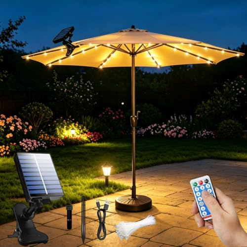 RNPKZ Sonnenschirm Beleuchtung Solar, 104 LEDs Sonnenschirm Lichterkette, 8Modus Regenschirm Lichterkette, Lichterkette fürSonnenschirm mit Fernbedienung für Schirmdekoration, Campingzelte, Party