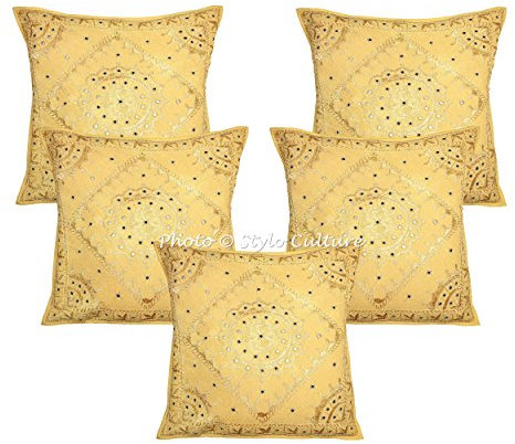 Stylo Culture Indio Fundas Almohadones Decorativa 60x60 cm Algodón Espejado Fundas De Cojines Silla Amarillo Mostaza 24x24 Inch Bordado Cuadrado sobre Fundas para Cojines Cama - 5 Pcs