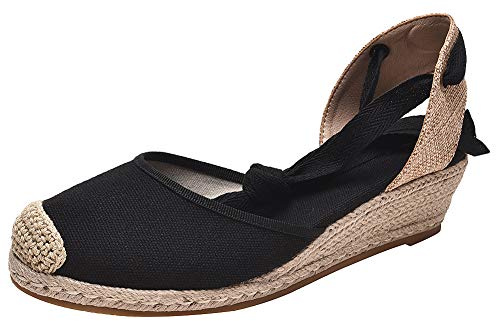 rismart Femme Espadrilles Milieu Coinçage Cheville - Cravate Sangle Été Sandales Chaussures SN02714(Noir,40 EU)