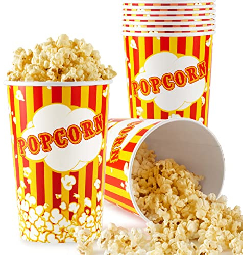 64 Oz Popcorn Buckets, Disposable Containers (25 Count), Large Cups, Cardboard Bucket for Family Movie Night, Popcorn Tub, Vintage Bowls for Concession Stand, Carnival Supplies